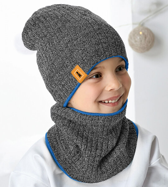 Komplet zimowy dla chłopca, sportowy, dwustronny, czapka i komin, niebieski, 54-56 cm