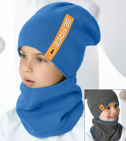 Komplet zimowy dla chłopca, sportowy, dwustronny, czapka i komin, niebieski, 54-56 cm