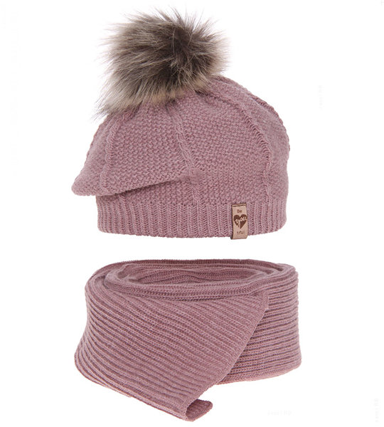 Komplet zimowy dla dziewczynki: beret i szalik, Ilefia, wrzosowy, 50-54 cm