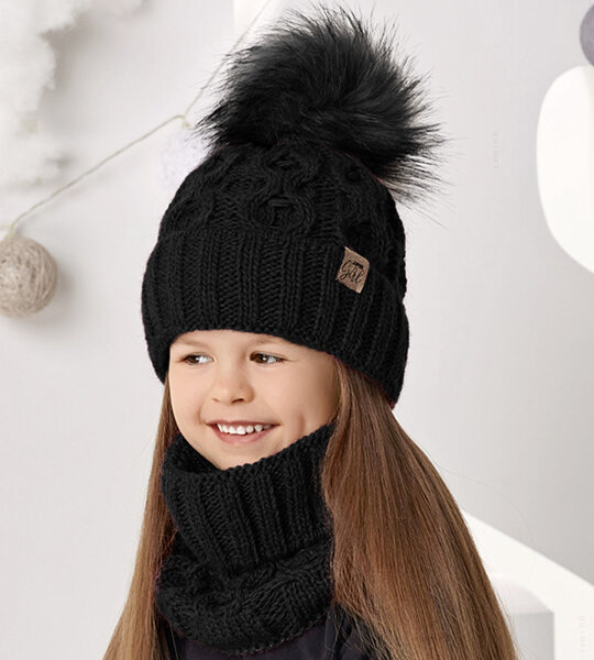 Komplet zimowy dla dziewczynki, czapka i komin, Agnata, czarny, 53-56 cm