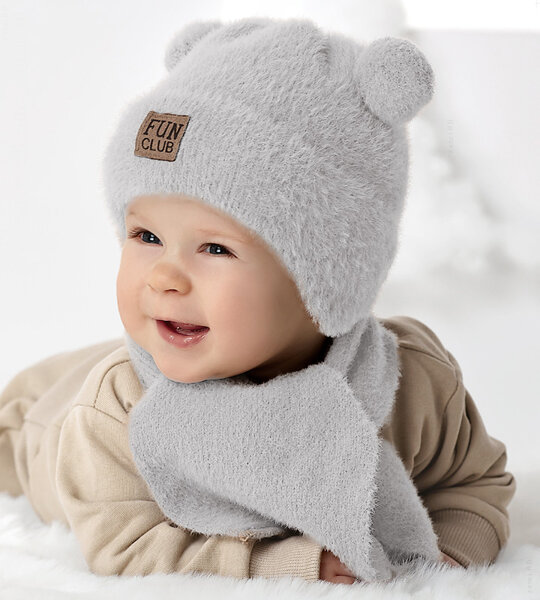 Komplet zimowy niemowlęcy, czapka i szalik Greuli, szary jasny, 40-44 cm