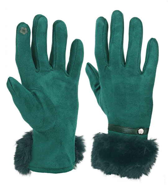 Zielone rękawiczki  dotykowe damskie eleganckie z futerkiem  rozm. uniwersalny