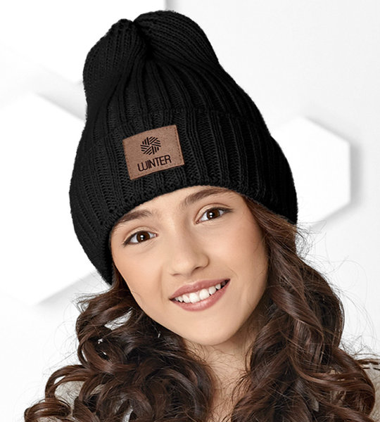 Zimowa czapka dla dziewczynki, Annicha, czarna, 54-57 cm