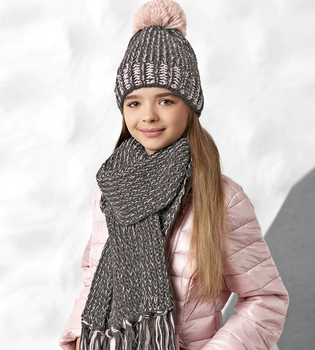 Ciepła czapka i szalik dla dziewczynki, podszyta polarem, szary + czarny, 53-55 cm